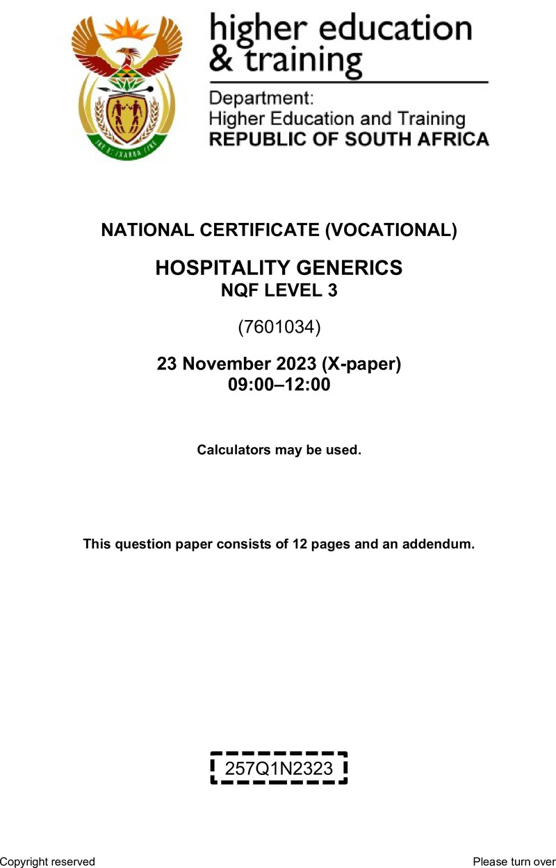 Hospitality Generics L3 QP Nov 2023 preview