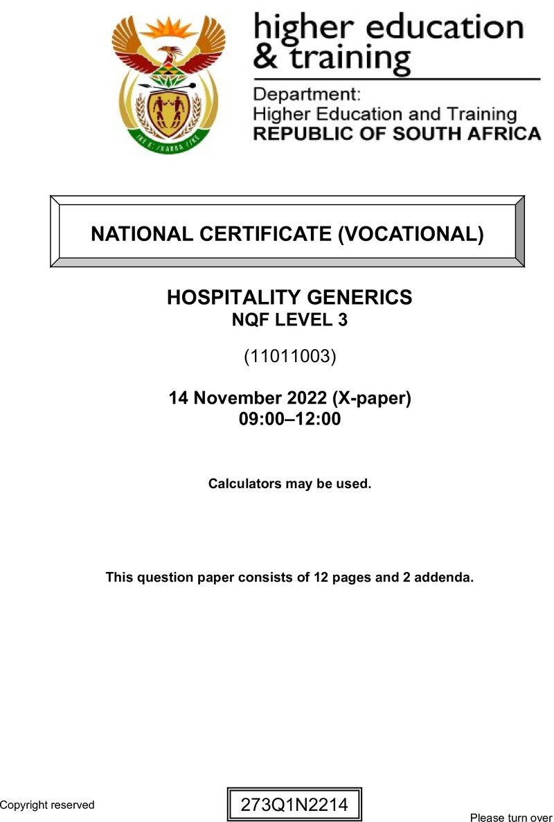 Nc1430 Hospitality Generics L3 QP Nov 2022 Tromp
