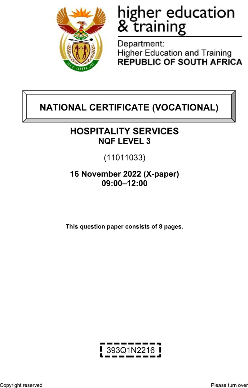 Nc1460 Hospitality Services L3 QP Nov 2022