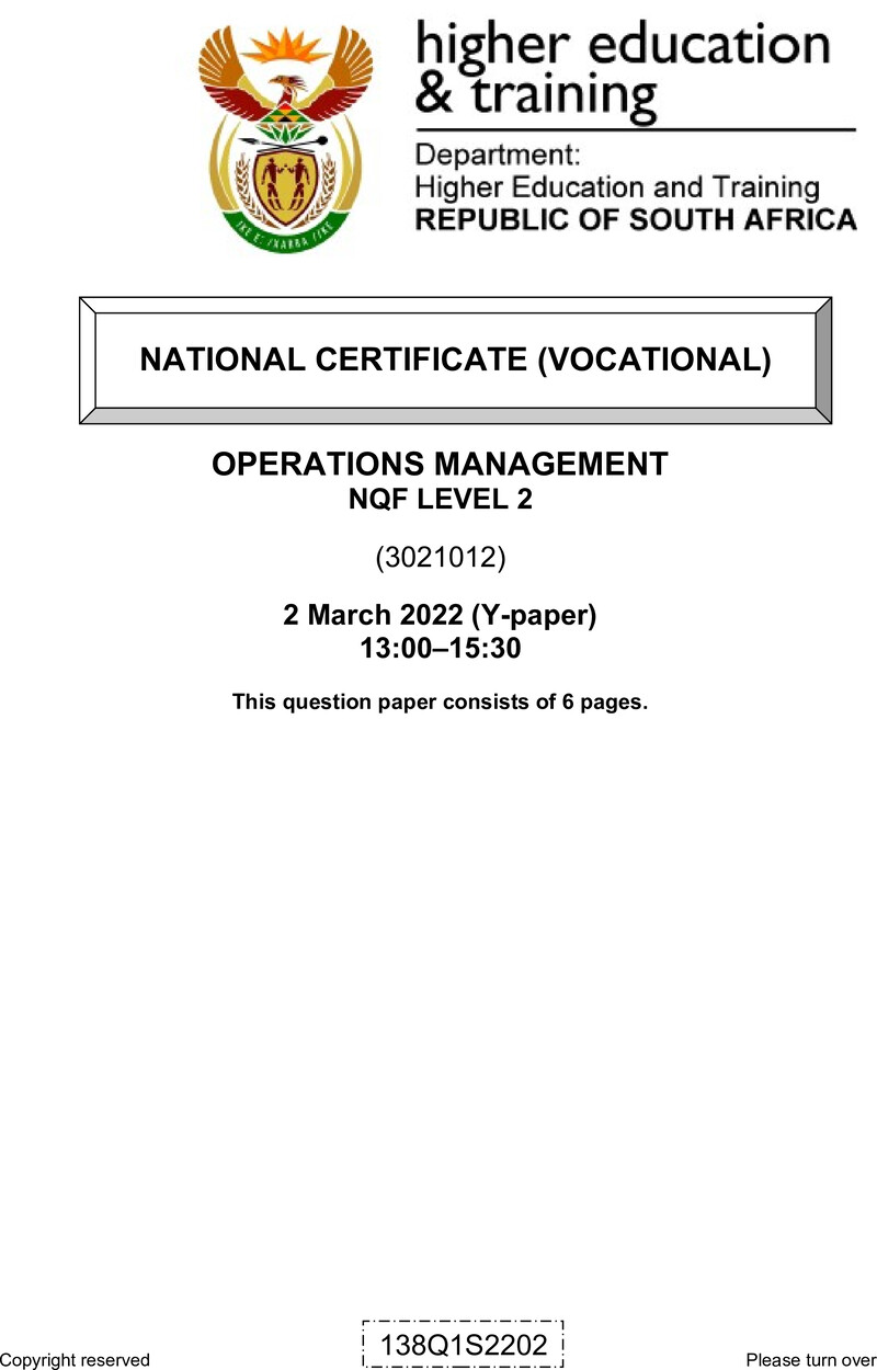 Operations Management L2 QP Feb 2022 Van Zyl S