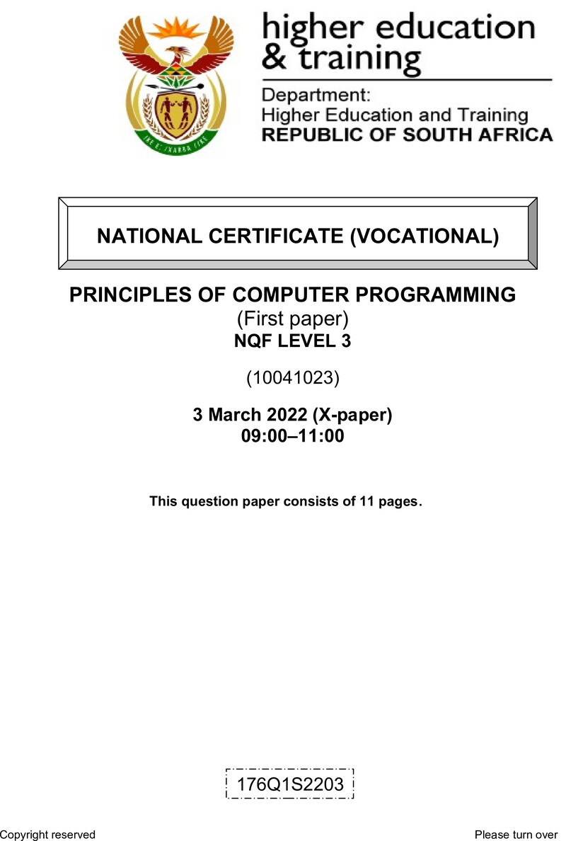 Principles Of Computer Programming L3 P1 QP Feb 2022