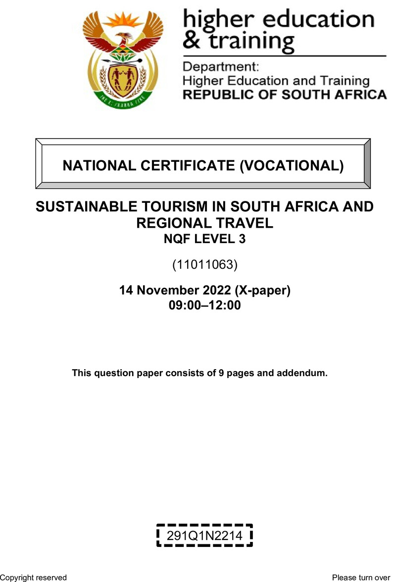 Nc2780 Sustainable Tourism In Sa And Regional Travel L3 Nov 2022 QP Signed Off