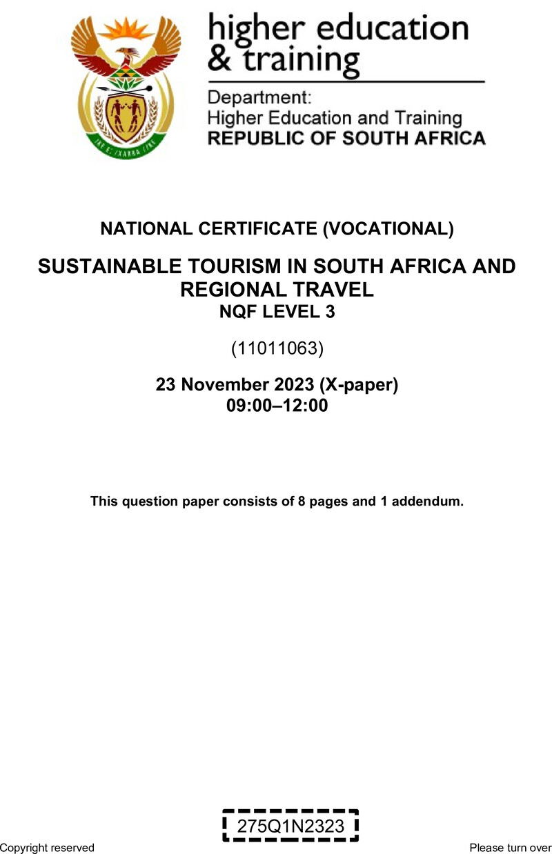 Sustainable Tourism In South Africa And Regional Travel L3 QP Nov 2023 preview