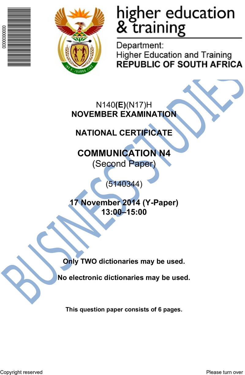 Communication N4 Paper 2 November Exam 2014