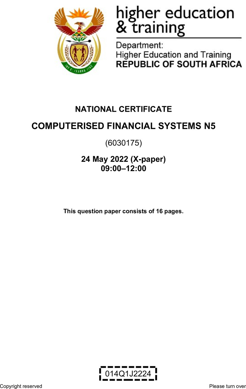 Computerised Financial Systems N5 QP June 2022 De Jager