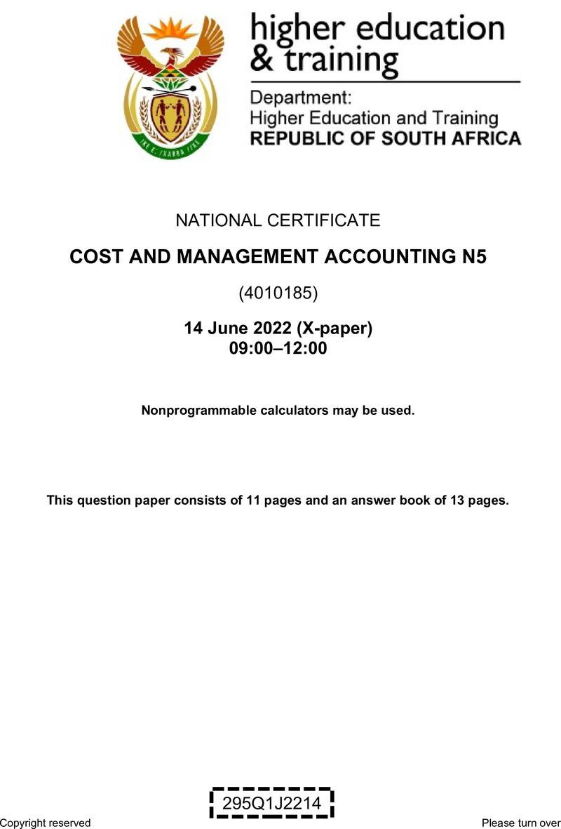 Cost And Management Accounting N5 QP Jun 2022 Watson preview
