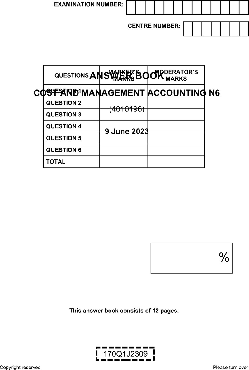 Cost And Management Accounting N6 Answer Book June 2023