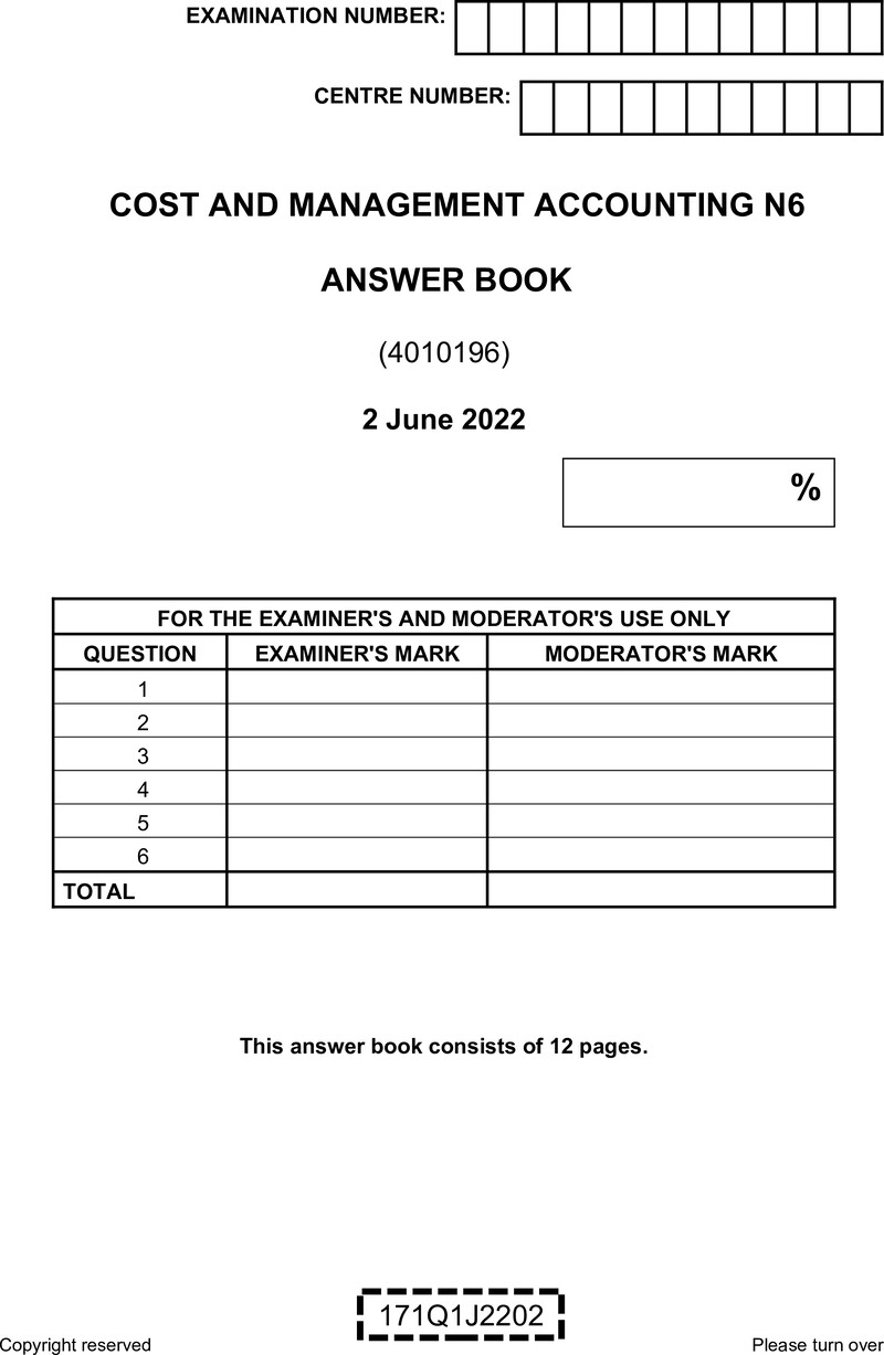 Cost And Management Accounting N6 Answer Book June 2022