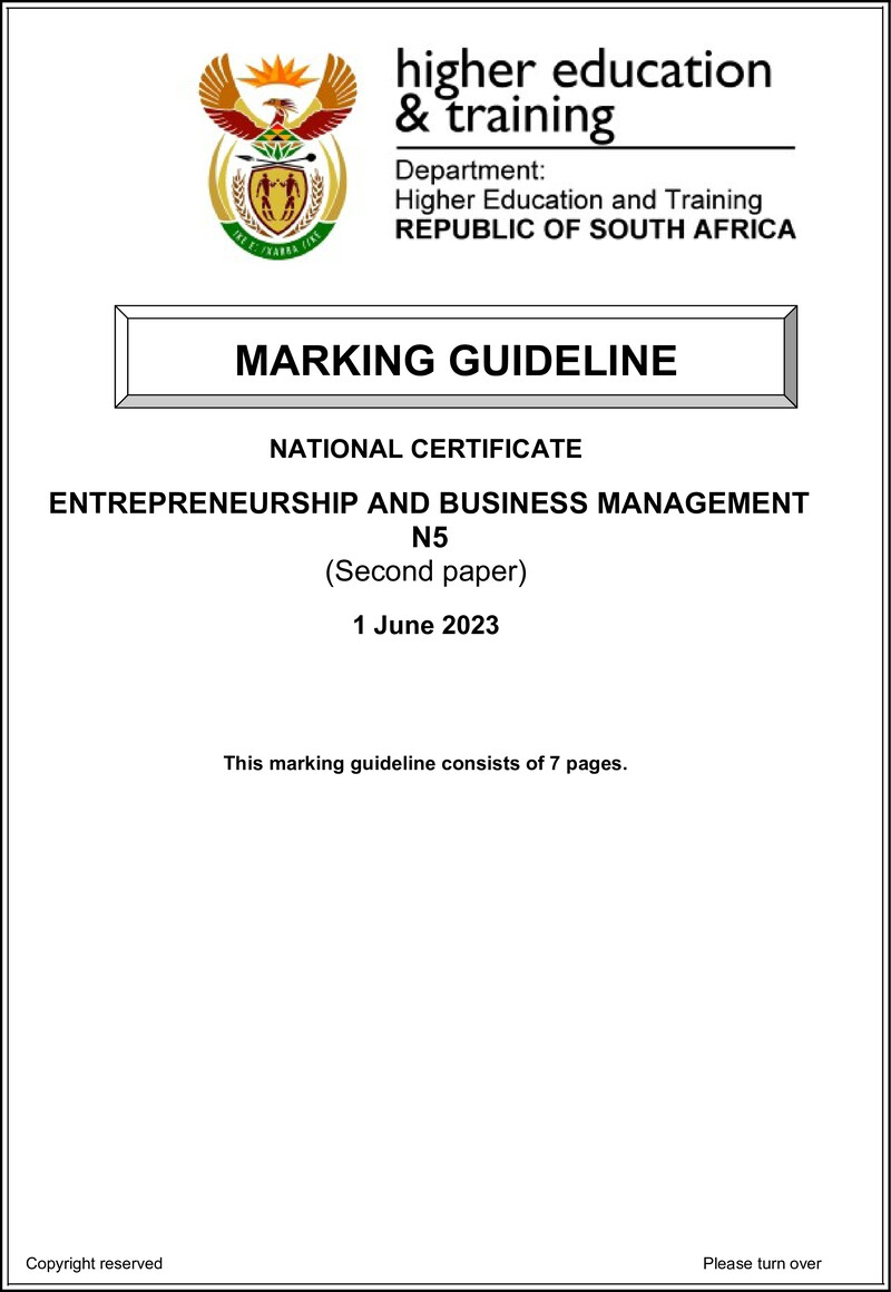 Entrepreneurship And Business Management N5 P2 Memo June 2023