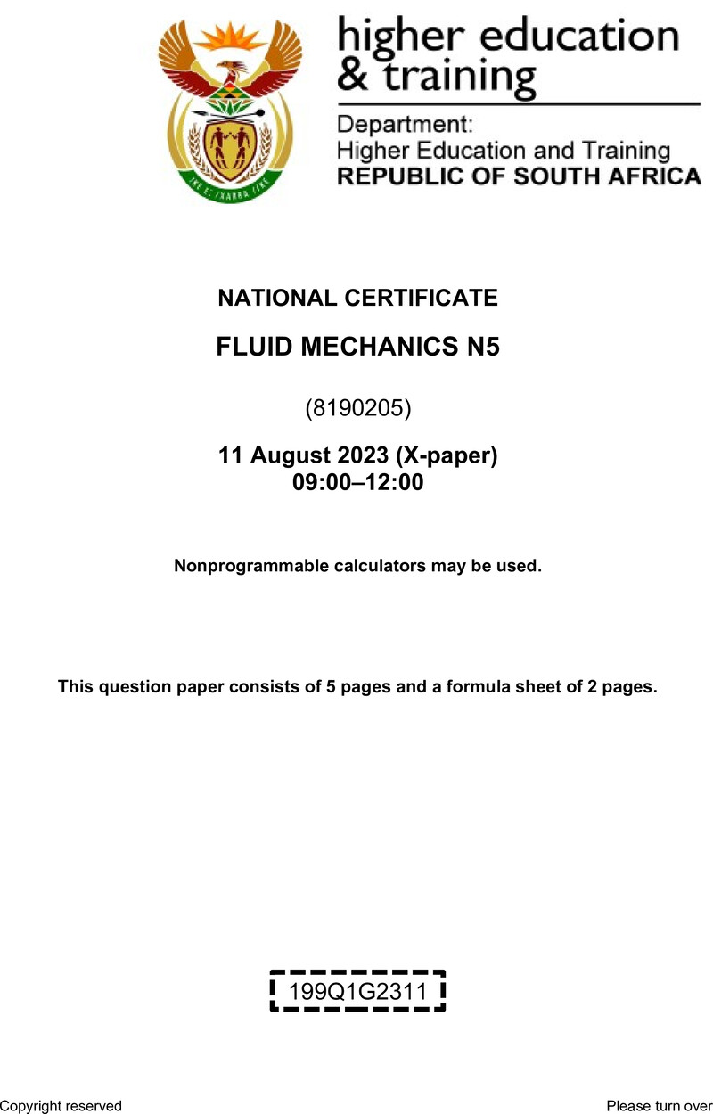 T710 Fluid Mechanics N5 Aug QP 2023 Ed preview