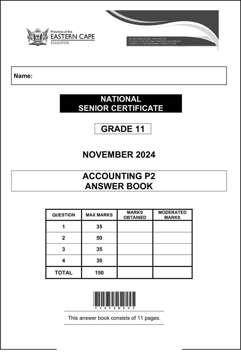 Grade 11 Accounting past paper 2024 – acc p2 ab gr11 nov 2024 eng d