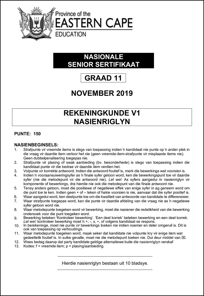 Grade 11 Accounting past paper 2019 – accounting p1 gr11 memo nov 2019 afr d