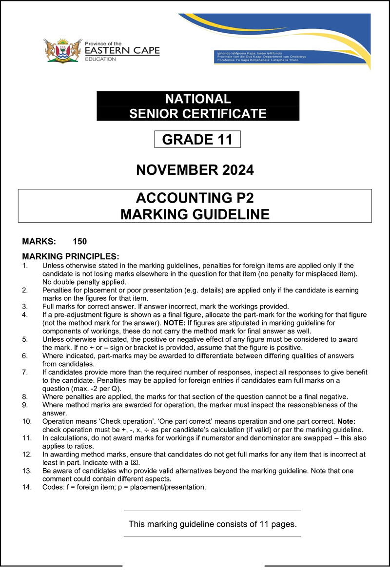 Grade 11 Accounting past paper 2024 – accounting p2 memo gr11 nov 2024 eng
