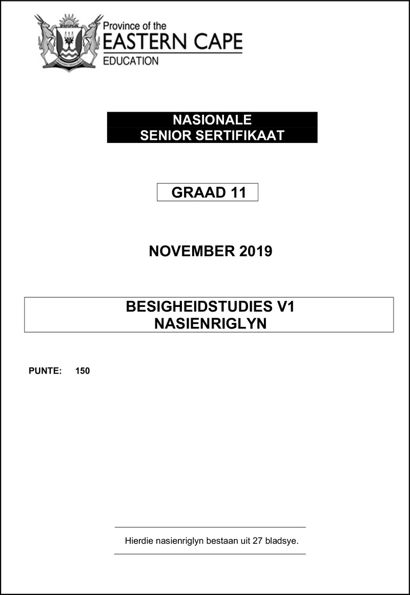 Grade 11 Besigheidstudies past paper 2019 – business std p1 memo nov 2019 afr d