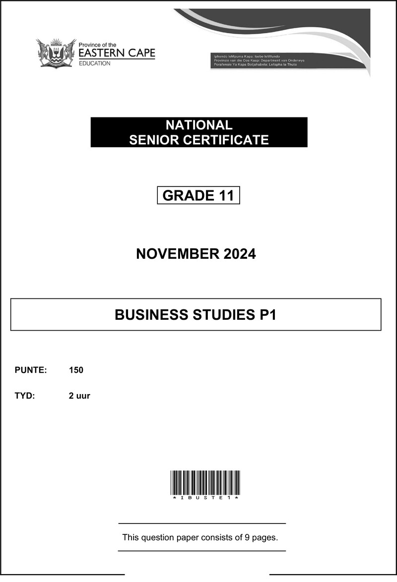 Grade 11 Business Studies past paper 2024 – business studies p1 gr 11 nov final eng d