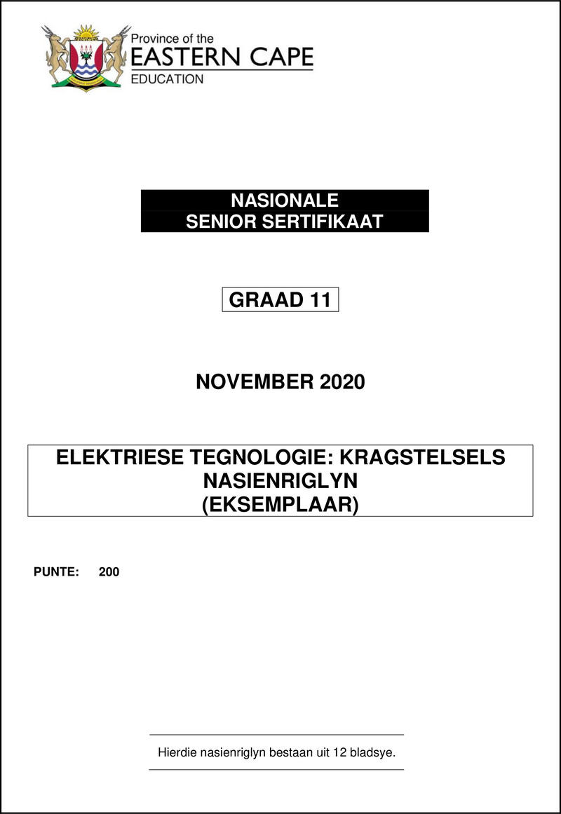 Grade 11 Elektriese Tegnologie past paper 2020 – elec tech gr11 memo nov2020 power afr
