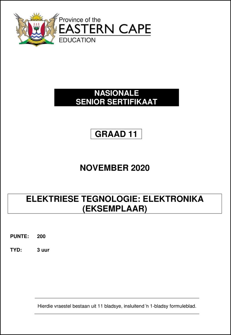 Grade 11 Elektriese Tegnologie past paper 2020 – elec tech gr11 qp nov2020 electronics afr