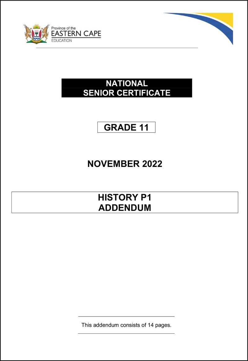 Grade 11 History past paper 2022 – history p1 gr11 adden nov 2022 eng