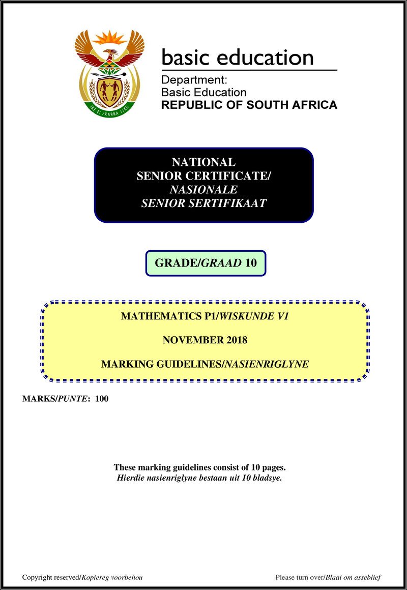 Grade 10 Mathematics past paper 2018 – mathematics p1 grade 10 nov 2018 memo afr eng