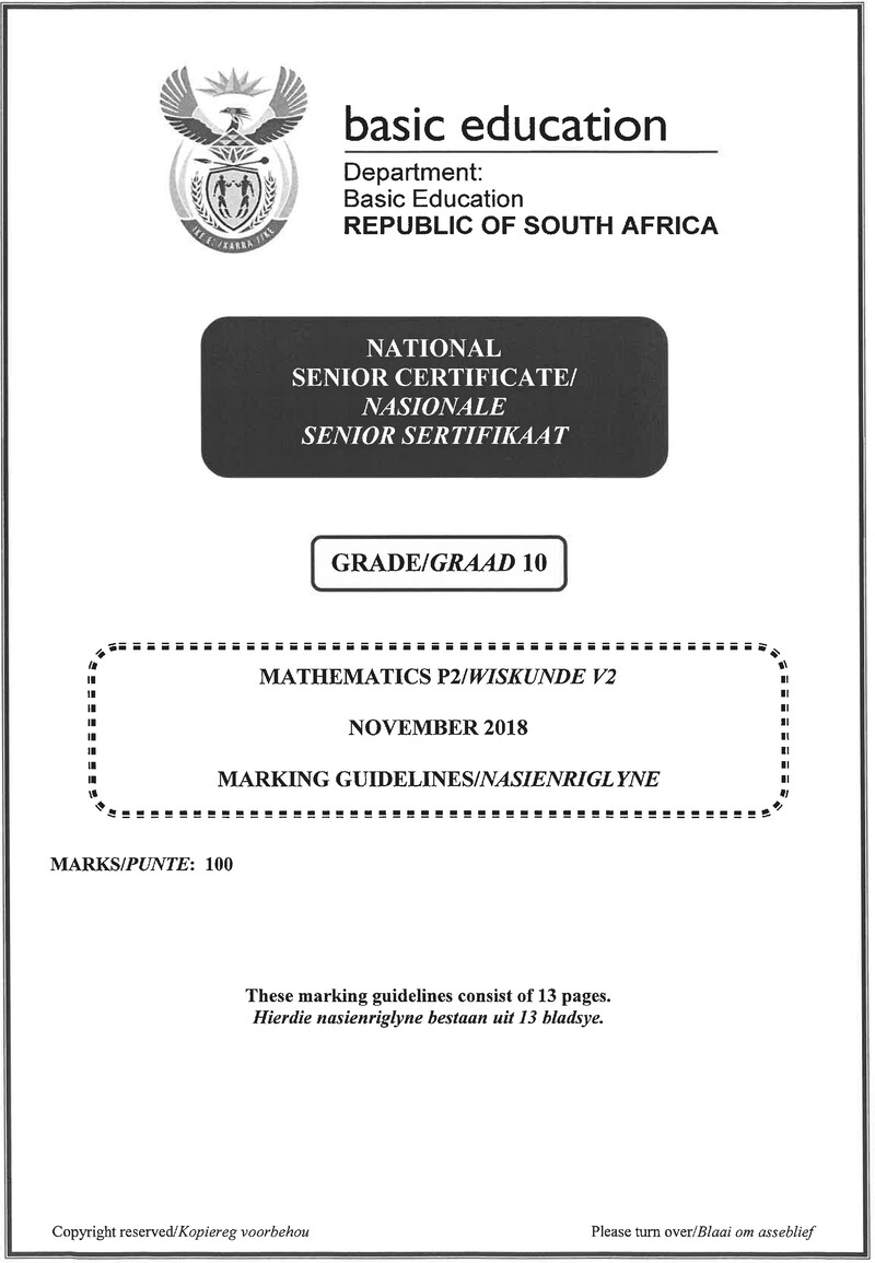 Grade 10 Mathematics past paper 2018 – mathematics p2 grade 10 nov 2018 memo eng afr