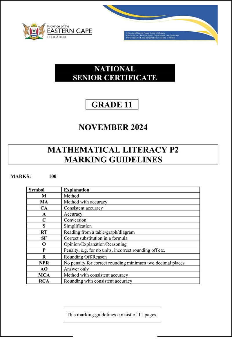 Maths Lit P2 Grade 11 Nov 2024 Marking Guideline Eng