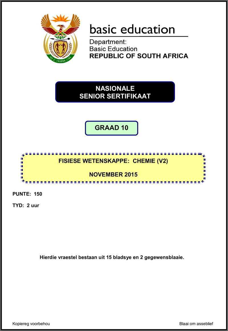 Grade 10 Physical Sciences past paper 2015 – physical sciences p2 grade 10 nov 2015 afr