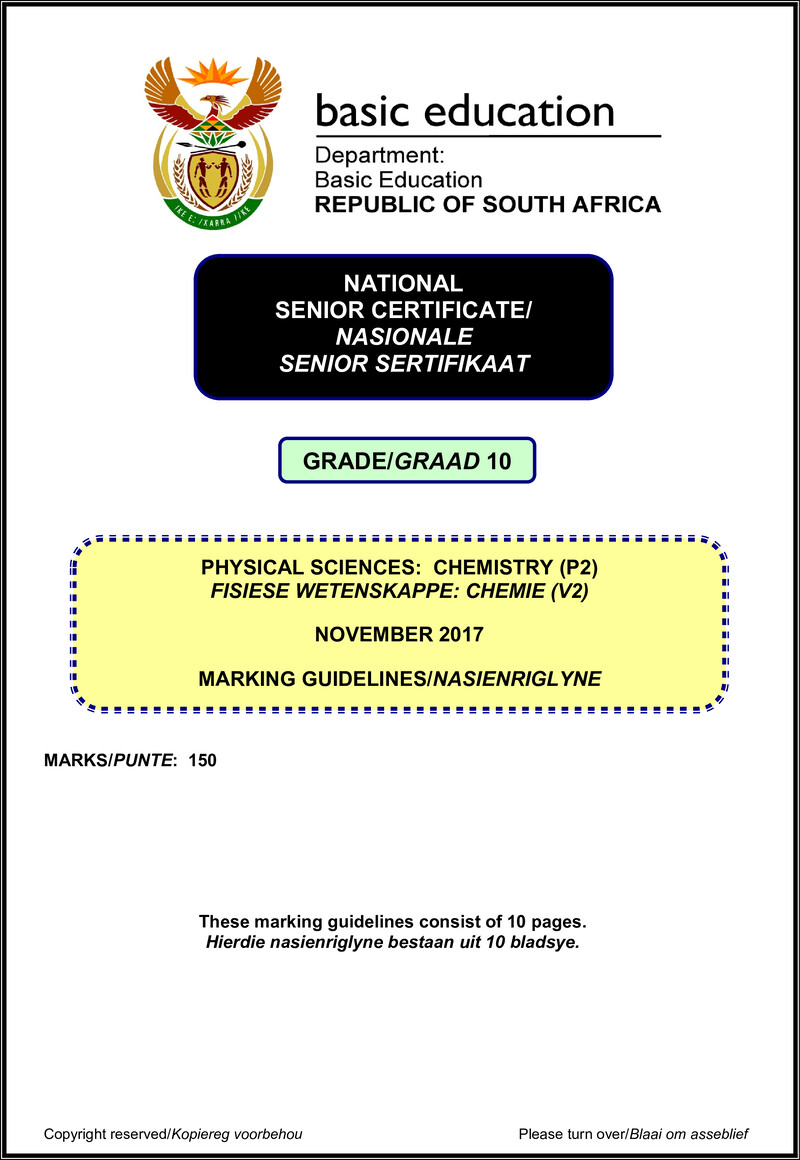 Grade 10 Physical Sciences past paper 2017 – physical sciences p2 grade 10 nov 2017 memo afr eng