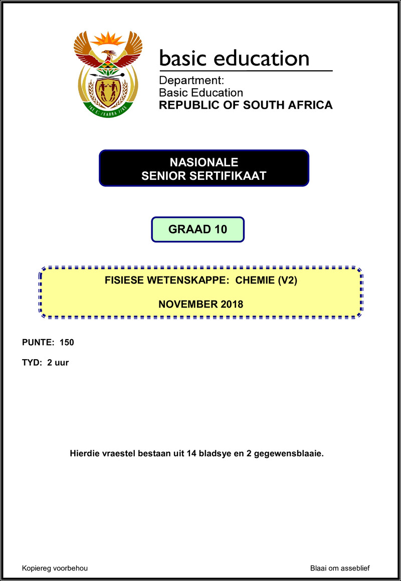 Grade 10 Physical Sciences past paper 2018 – physical sciences p2 grade 10 nov 2018 afr