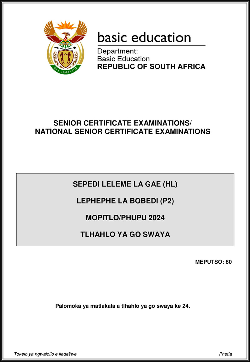 Grade 12 Sepedi past paper 2024 – sepedi hl p2 may june 2024 mg