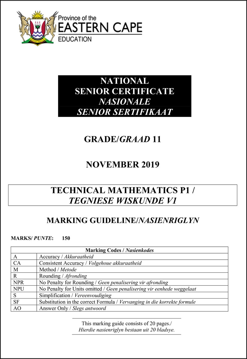 Grade 11 Tegniese Wiskunde past paper 2019 – tech maths pi gr11 memo nov2019 engl afr