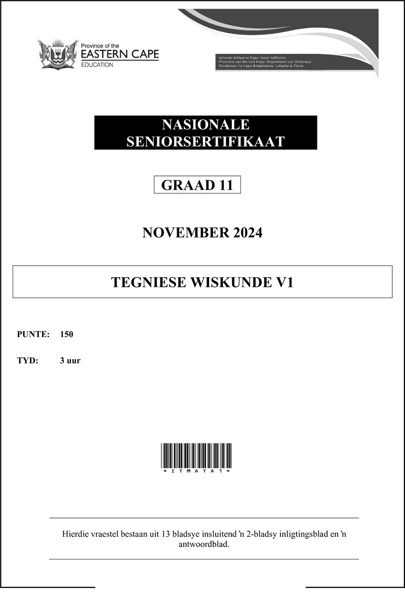 Grade 11 Technical Mathematics past paper 2024 – technical mathematics p1 qp gr11 afr dd