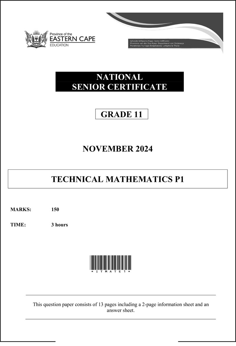 Grade 11 Technical Mathematics past paper 2024 – technical mathematics p1 qp gr11 eng dd