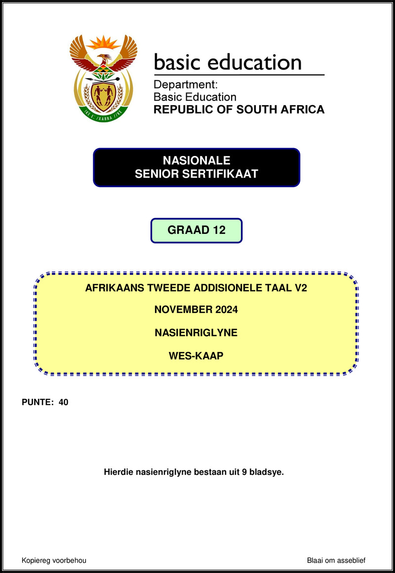 Grade 12 Afrikaans past paper 2024 – afrikaans sal p2 nov 2024 mg western cape gr12