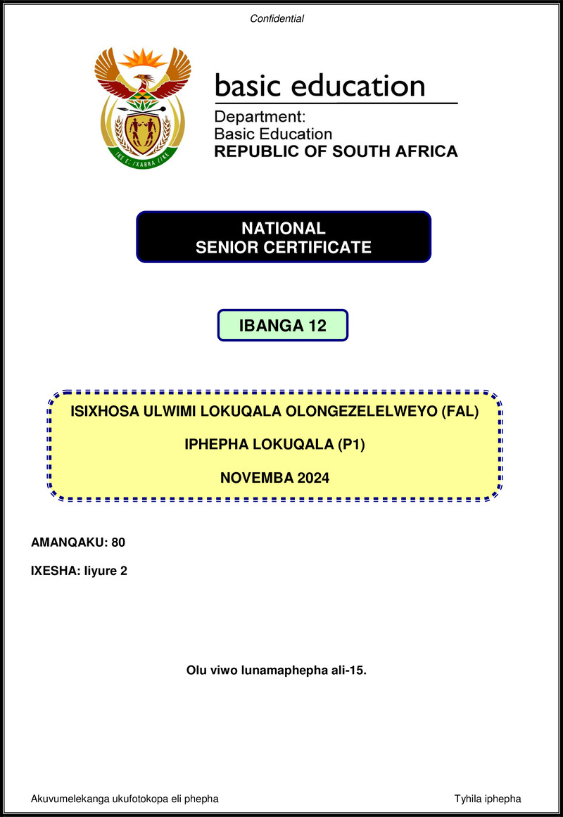 Grade 12 isiXhosa past paper 2024 – isixhosa fal p1 nov 2024 gr12