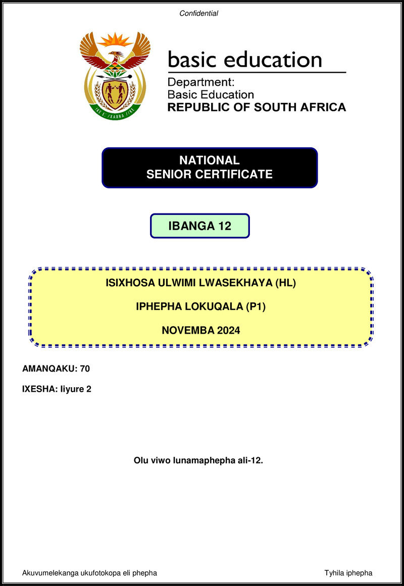 Grade 12 isiXhosa past paper 2024 – isixhosa hl p1 nov 2024 gr12