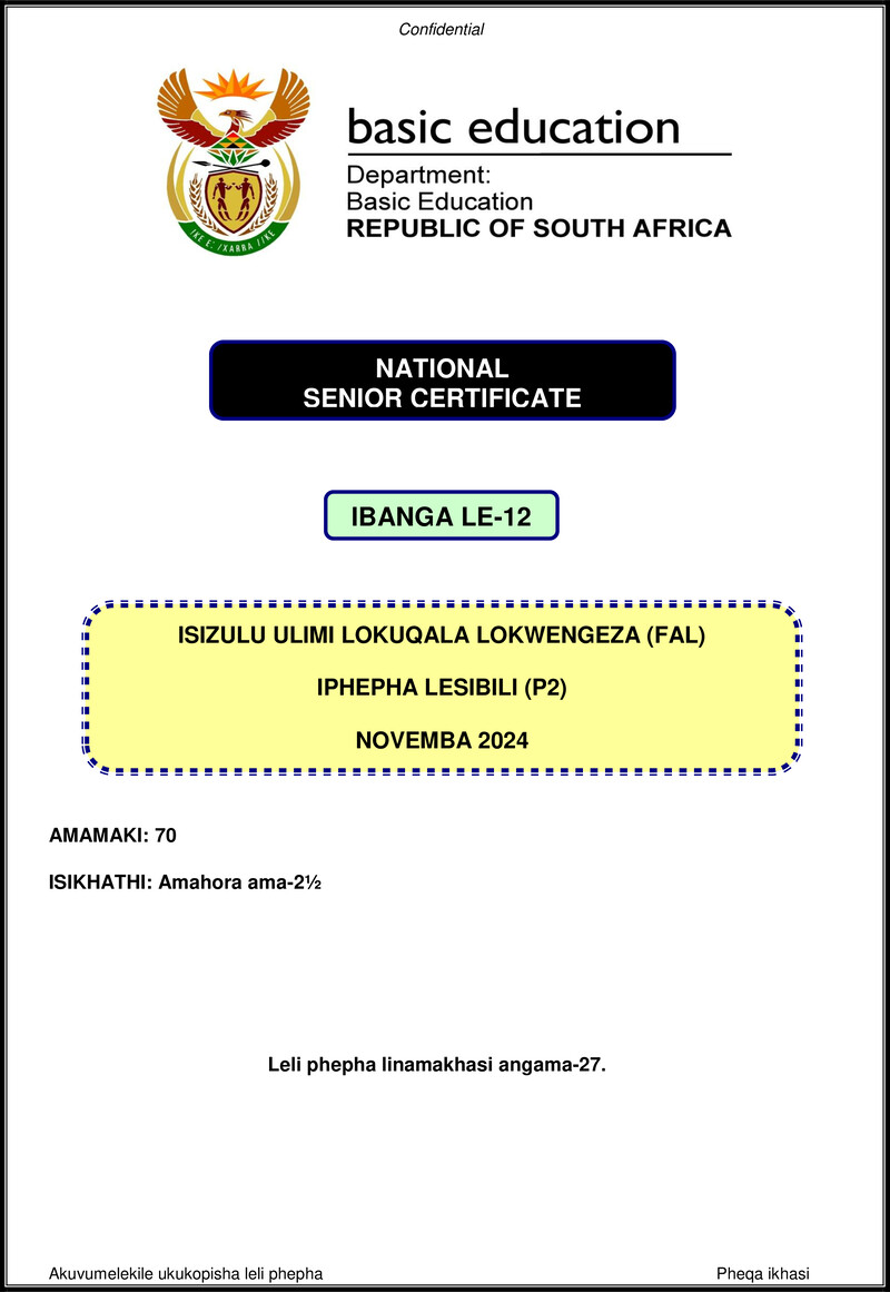 Grade 12 isiZulu past paper 2024 – isizulu fal p2 nov 2024 gr12