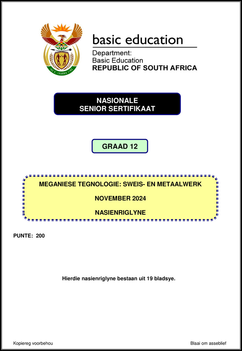 Grade 12 Mechanical Technology past paper 2024 – mechanical technology nov 2024 welding metal work mg afr gr12