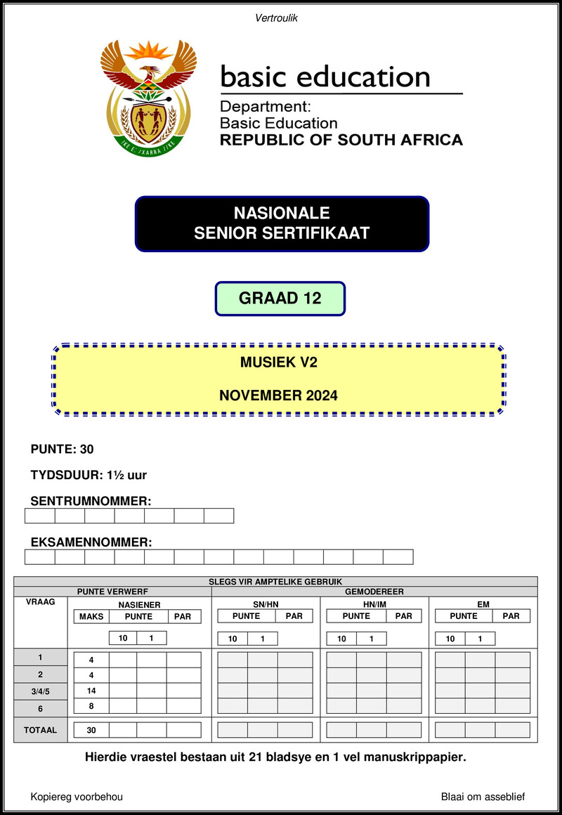 Grade 12 Music past paper 2024 – music p2 nov 2024 afr gr12