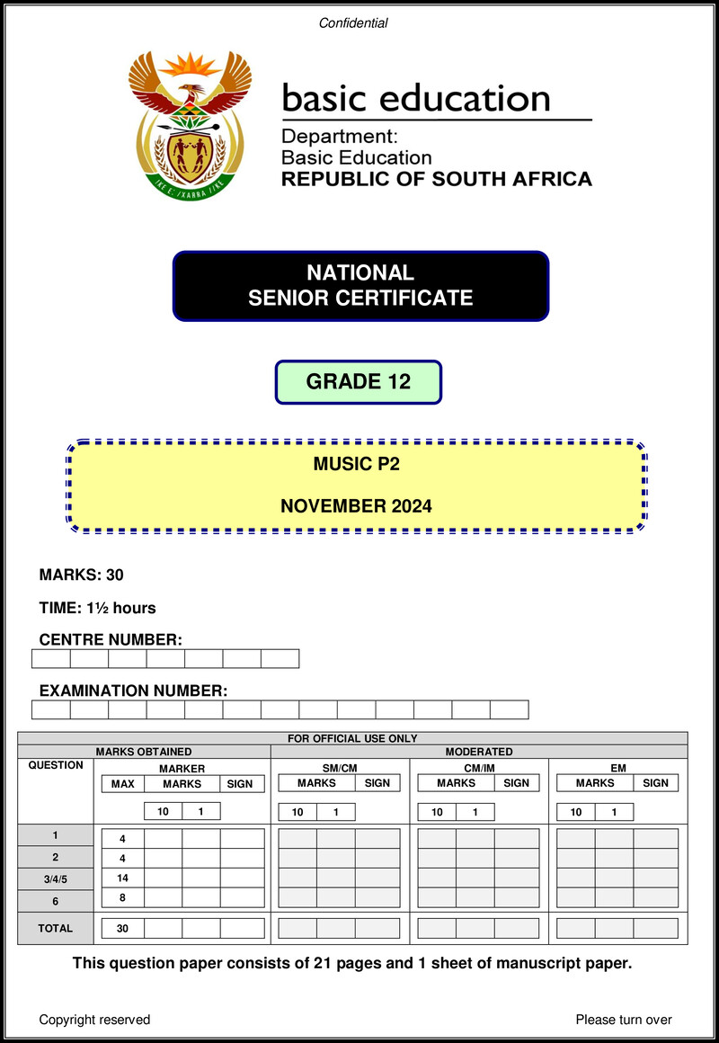 Grade 12 Music past paper 2024 – music p2 nov 2024 eng gr12