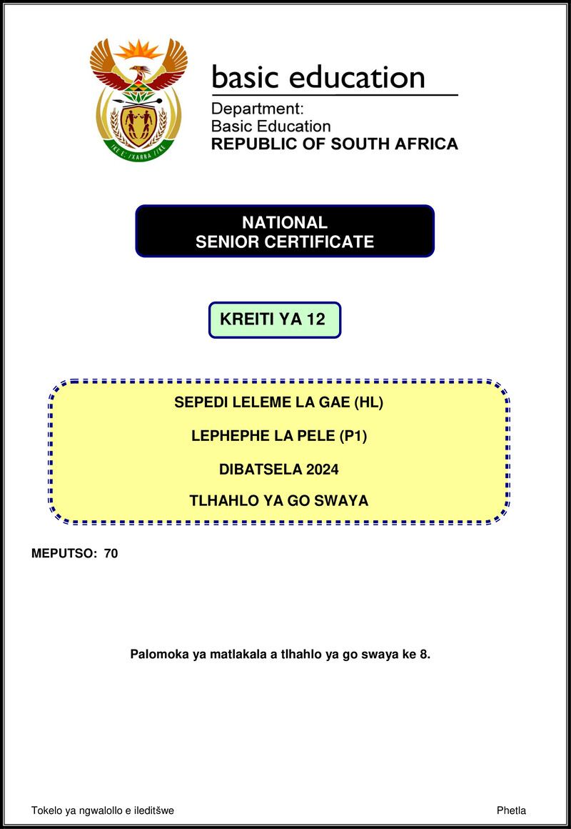 Grade 12 Sepedi past paper 2024 – sepedi hl p1 nov 2024 mg gr12
