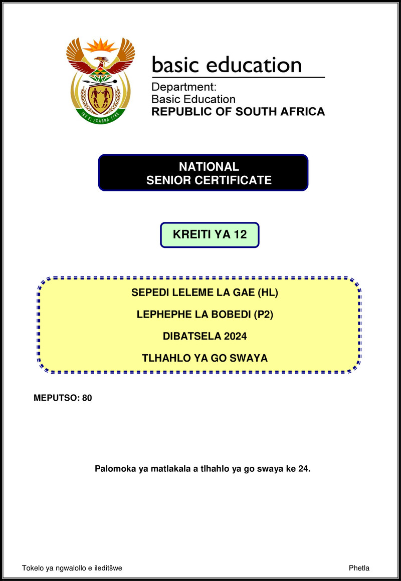 Grade 12 Sepedi past paper 2024 – sepedi hl p2 nov 2024 mg gr12