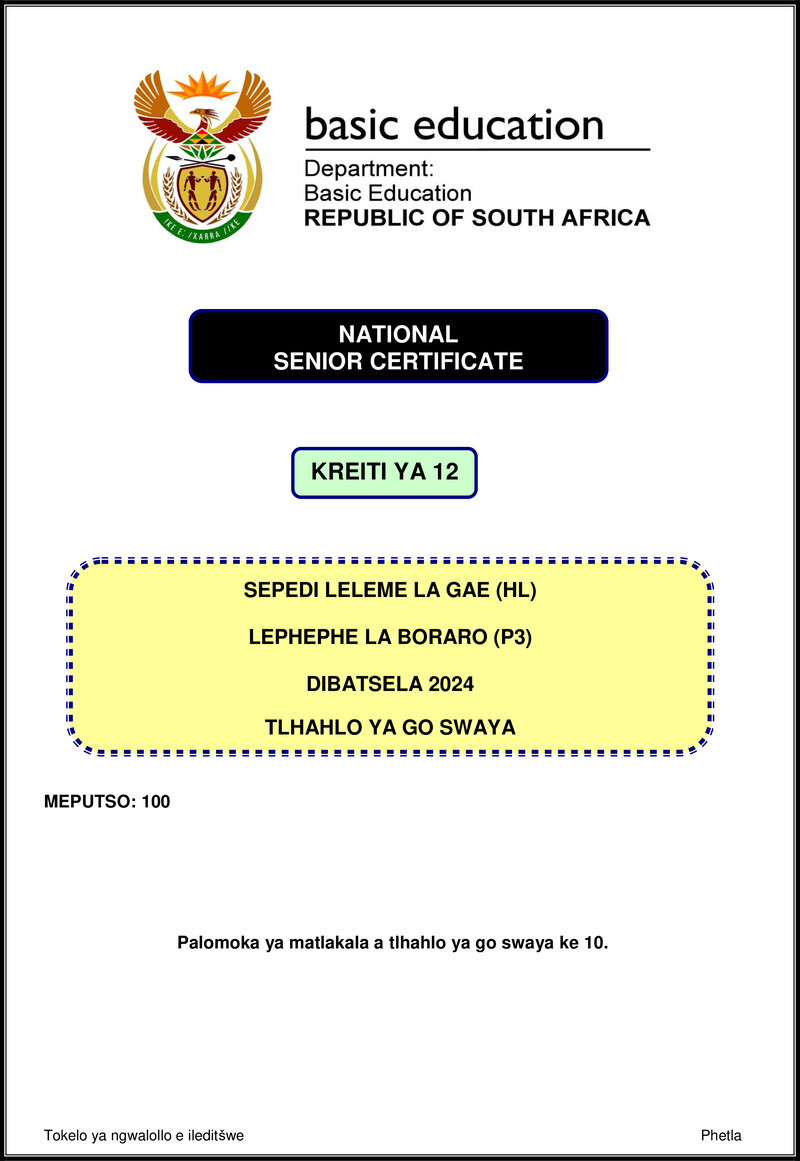 Grade 12 Sepedi past paper 2024 – sepedi hl p3 nov 2024 mg gr12
