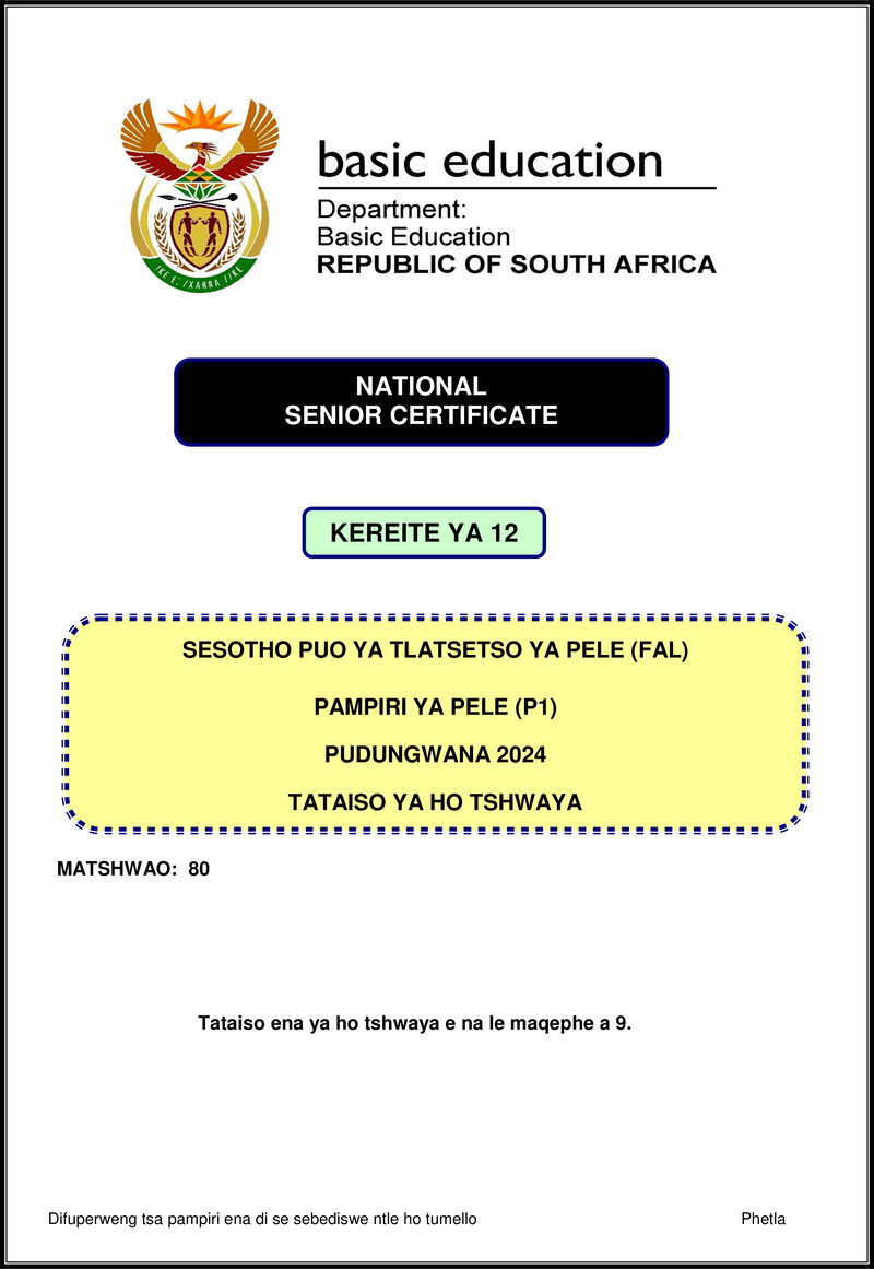 Grade 12 Sesotho past paper 2024 – sesotho fal p1 nov 2024 mg gr12