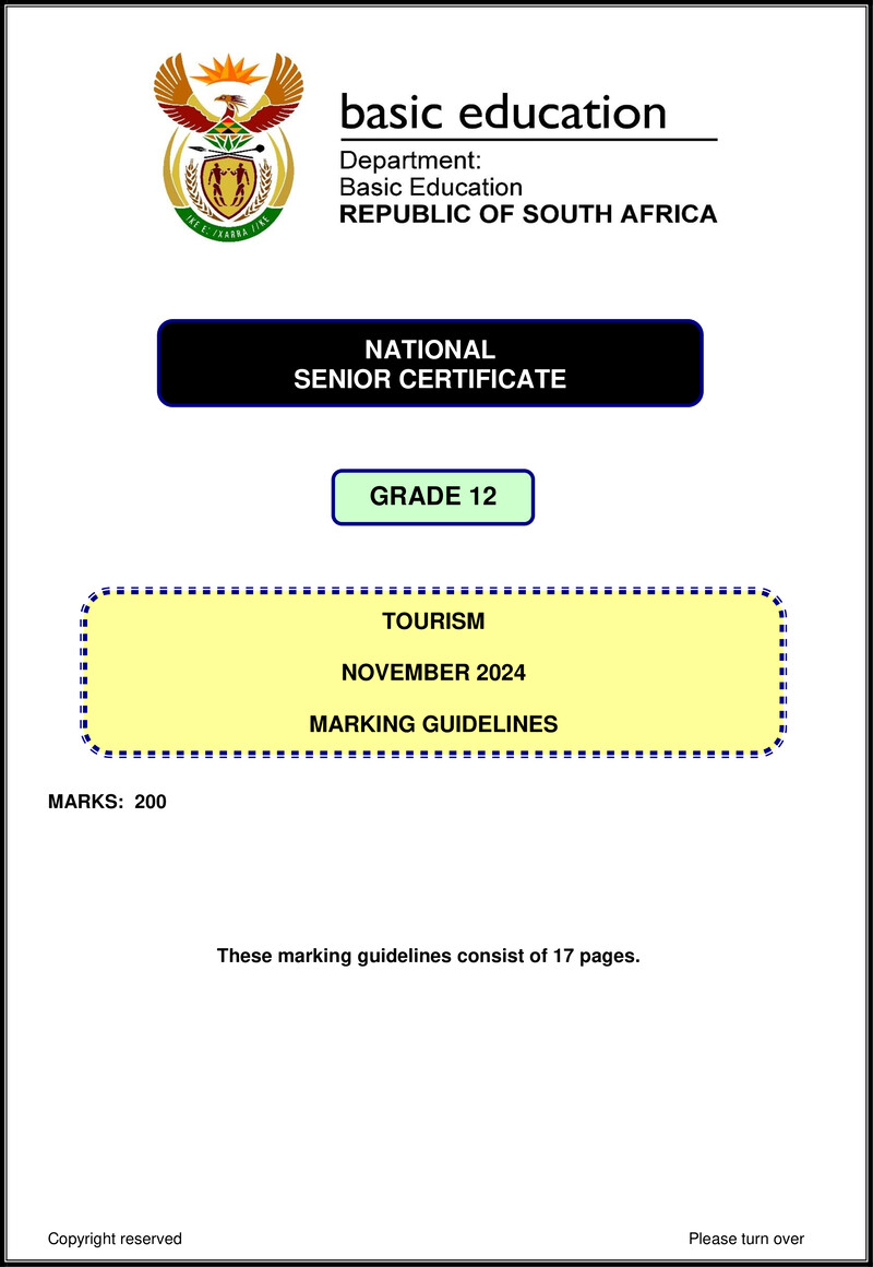 Grade 12 Tourism past paper 2024 – tourism nov 2024 mg eng gr12