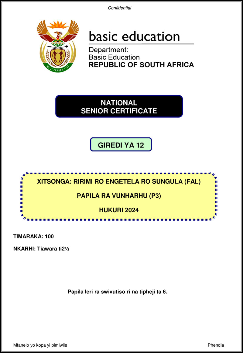 Grade 12 Xitsonga past paper 2024 – xitsonga fal p3 nov 2024 gr12