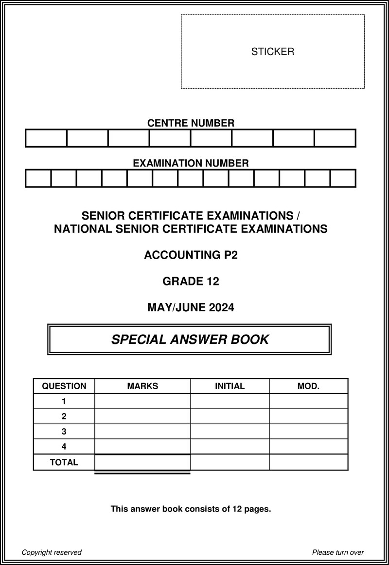 Grade 12 Accounting past paper 2024 – accounting p2 may june 2024 answer book eng gr12