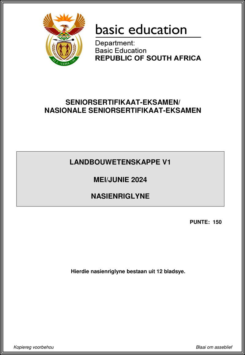 Grade 12 Landbouwetenskappe past paper 2024 – agricultural scienced p1 may june 2024 mg afr gr12