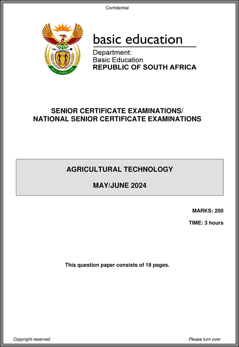 Grade 12 Agricultural Technology past paper 2024 – agricultural technology may june 2024 eng gr12