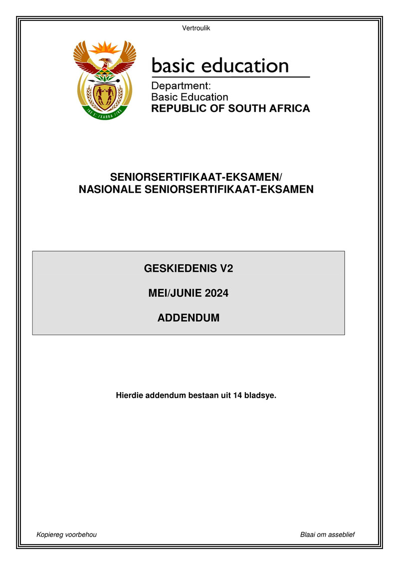 Grade 12 History past paper 2024 – history p2 may june 2024 addendum afr gr12