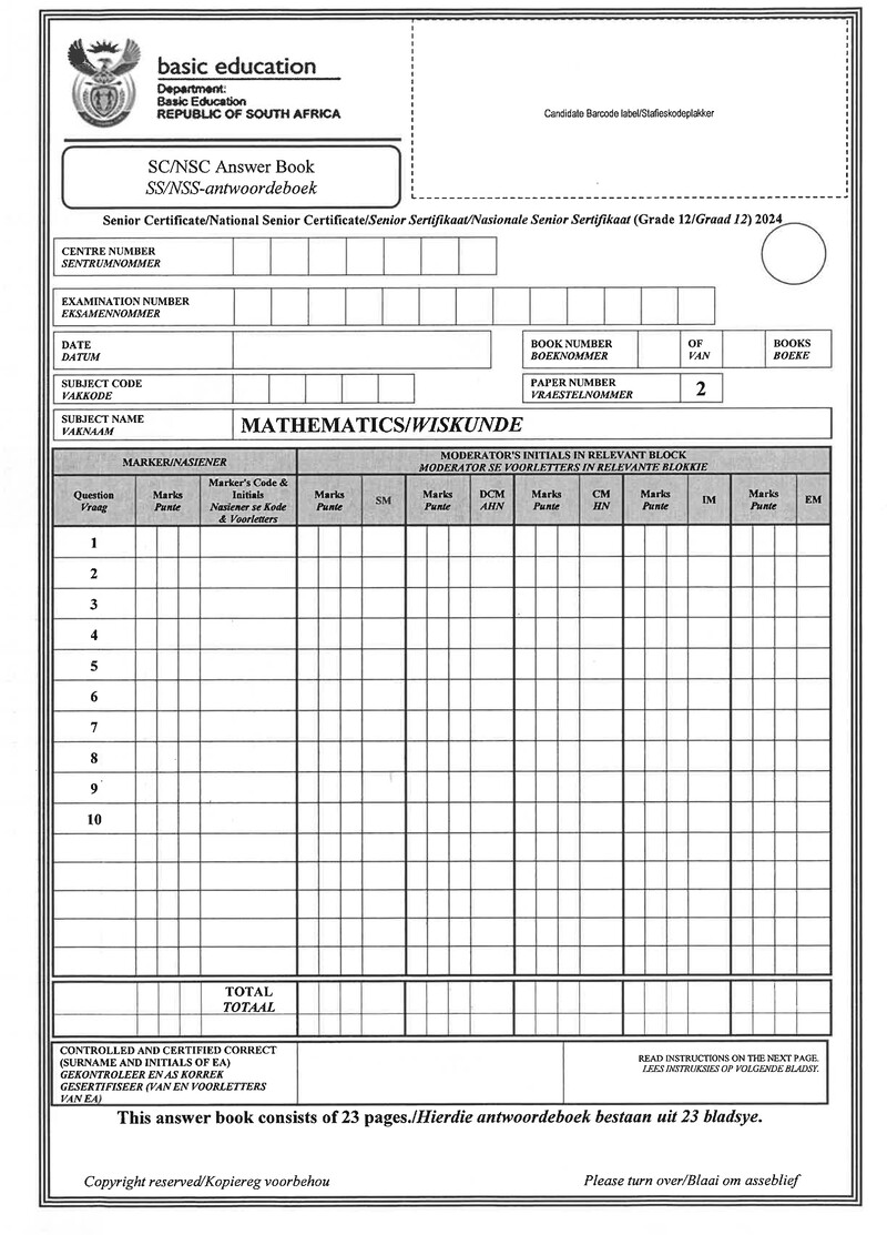 Grade 12 Mathematics past paper 2024 – mathematics p2 may june 2024 answer book afr eng gr12